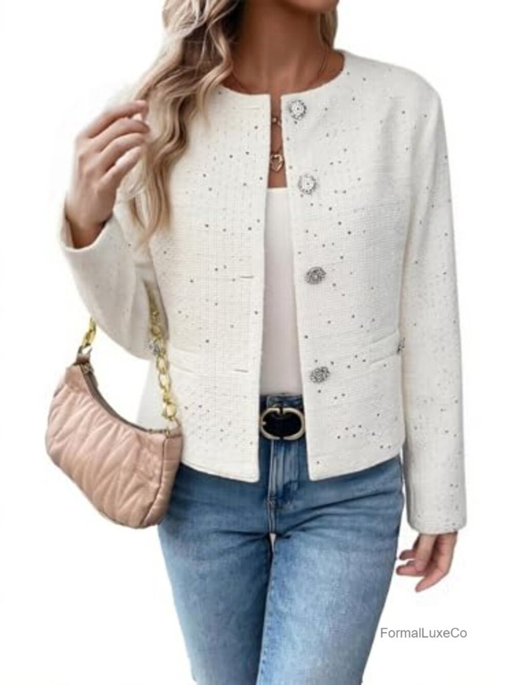 Tweed Sequin Blazer - Cropped Sparkly Jacket - Casual Evening Layer - Picture 4 of 5
